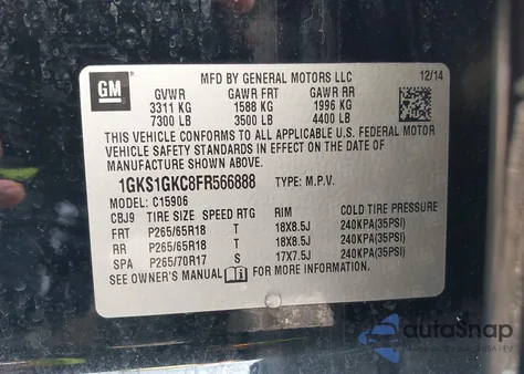 2015 GMC Yukon Xl 1500 Sle z USA, uszkodzony, nr VIN 1GKS1GKC8FR566888